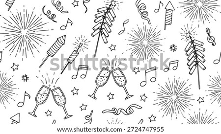 A festive collection of hand-drawn elements including fireworks, champagne glasses clinking, and musical notes, perfect for celebratory themes.