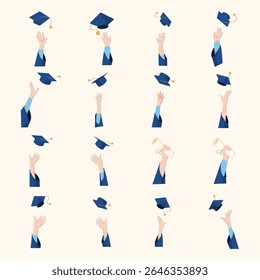 Uma coleção festiva de ilustrações planas desenhadas à mão com estudantes vestindo roupas de formatura azuis, jogando bonés e segurando diplomas. Representando sucesso acadêmico e celebração alegre 