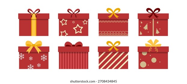 Eine festliche Kollektion von Geschenkbox-Illustrationen mit roten Urlaubsgeschenkdesigns mit Sternenstreifen, Schneeflocken und Weihnachtsmustern in einem sauberen, modernen Flachstil.