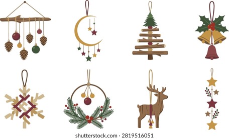 A festive collection of rustic hanging Christmas decorations featuring pinecones, a wooden tree, crescent moon, snowflake, wreath, reindeer, bells, holly, and stars. Ideal for holiday cards, seasonal packaging, invitations, crafts, posters, and winter decoration projects.
