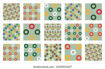 Festive collection of seamless vector patterns featuring rings and circles for Christmas, Xmas, and New Year. Great for holiday decor, backgrounds, wallpaper, and seasonal projects with a joyful touch