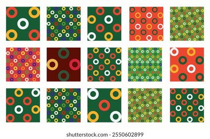 Festive collection of seamless vector patterns featuring rings and circles for Christmas, Xmas, and New Year. Great for holiday decor, backgrounds, wallpaper, and seasonal projects with a joyful touch