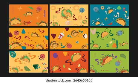 A festive collection of tacos, chips, peppers, and graphic elements in bold colors, ideal for Mexican food branding or restaurant decor.