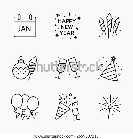 A festive collection of thin line icons symbolizing New Year celebration, including fireworks, party hats, champagne and confetti on white background, vector illustration