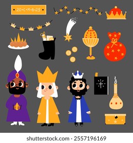 A festive collection of Three Kings Day icons featuring the Magi, crowns, gifts, stars, and traditional holiday symbols in a colorful and playful design.