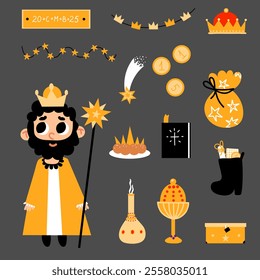 A festive collection of Three Kings Day icons featuring the Magi, crowns, gifts, stars, and traditional holiday symbols in a colorful and playful design.