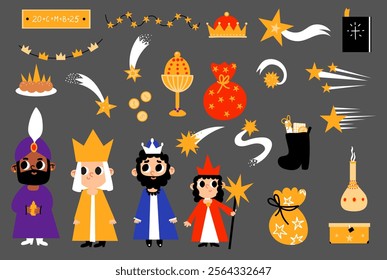 A festive collection of Three Kings Day icons featuring the Magi, crowns, gifts, stars, and traditional holiday symbols in a colorful and playful design.