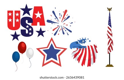 A festive collection of US Independence Day vector illustrations featuring stars, stripes, fireworks, and balloons. Perfect for holiday designs.