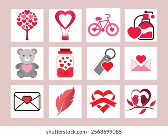 A festive collection of Valentine's Day-themed vector icons, featuring hearts, Cupid, and romantic elements, perfect for holiday designs, cards, and creative projects.