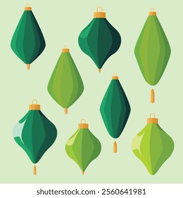 A festive collection of vector Christmas tree decorations in elegant green tones. Perfect for holiday-themed projects. High-quality vector graphics, fully scalable and easy to customize.