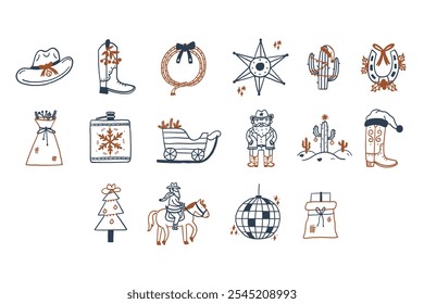 A festive collection of Western-themed Christmas icons including cowboy hats, cacti, and wreaths. Perfect for holiday designs with a Southwestern flair