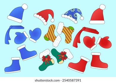 Festive collection of winter clothes including Santa hats, mittens, scarves, boots, and stockings. Ideal for holiday designs and New Years themes.