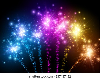 Festive color firework on black background. Vector illustration.