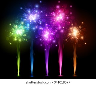 Festive color firework on black background. Vector illustration.