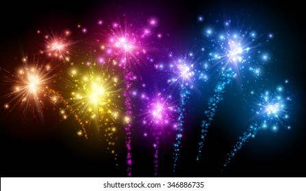 Festive color firework on black background. Vector illustration.