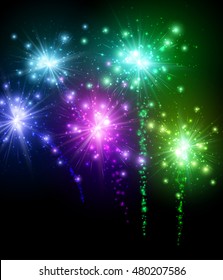 Festive color firework on black background. Vector illustration.