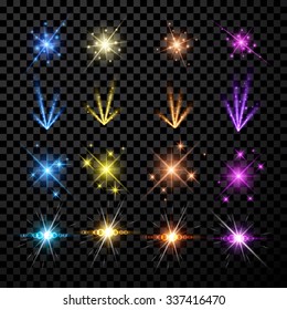 Festive color firework set isolated on black background. Vector illustration.