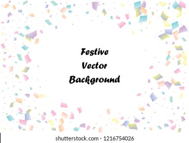 Festive color rectangle confetti background. Abstract frame confetti texture for holiday, postcard, poster, website, carnival, birthday, children's parties. Cover confetti mock-up. Wedding card layout