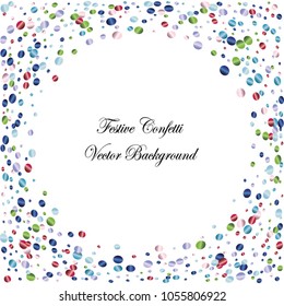 Festive color round confetti background. Abstract frame confetti texture for holiday, postcard, poster, website, carnivals, birthday and children's parties. Cover confetti mock-up. Wedding card layout