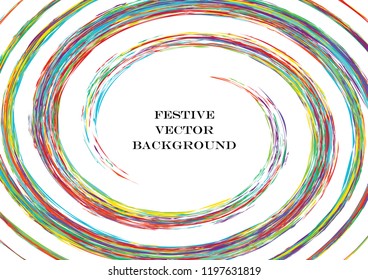 Festive color round line background. Abstract twisted frame linen texture for holiday, postcard, poster, website, carnival, birthday, children's party. Spiral line cover mock-up. Wedding card layout