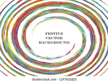 Festive color round line background. Abstract twisted frame linen texture for holiday, postcard, poster, website, carnival, birthday, children's party. Spiral line cover mock-up. Wedding card layout