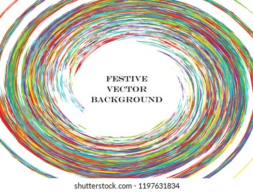 Festive color round line background. Abstract twisted frame linen texture for holiday, postcard, poster, website, carnival, birthday, children's party. Spiral line cover mock-up. Wedding card layout