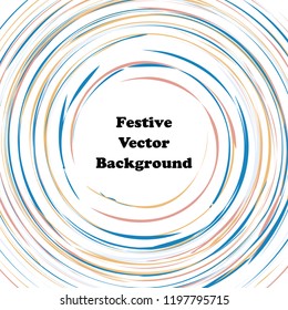 Festive color round line background. Abstract twisted frame linen texture for holiday, postcard, poster, website, carnival, birthday, children's party. Spiral line cover mock-up. Wedding card layout