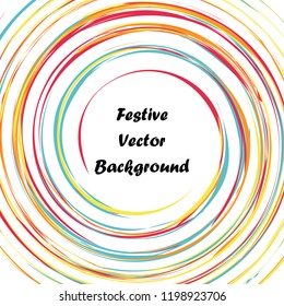 Festive color round line background. Abstract twisted frame linen texture for holiday, postcard, poster, website, carnival, birthday, children's party. Spiral line cover mock-up. Wedding card layout
