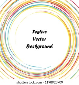 Festive color round line background. Abstract twisted frame linen texture for holiday, postcard, poster, website, carnival, birthday, children's party. Spiral line cover mock-up. Wedding card layout