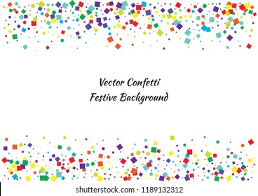 Festive color square confetti background. Abstract frame confetti texture for holiday, postcard, poster, website, carnival, birthday, children's parties. Cover confetti mock-up. Wedding card layout