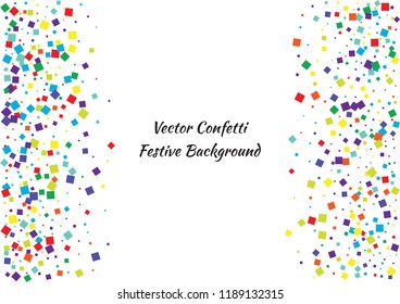 Festive color square confetti background. Abstract frame confetti texture for holiday, postcard, poster, website, carnival, birthday, children's parties. Cover confetti mock-up. Wedding card layout