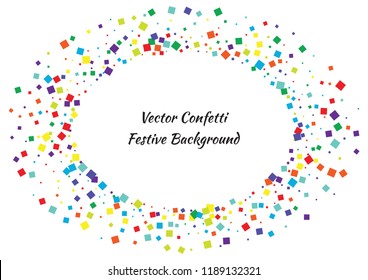 Festive color square confetti background. Abstract frame confetti texture for holiday, postcard, poster, website, carnival, birthday, children's parties. Cover confetti mock-up. Wedding card layout