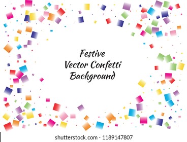 Festive color square confetti background. Abstract frame confetti texture for holiday, postcard, poster, website, carnival, birthday, children's parties. Cover confetti mock-up. Wedding card layout