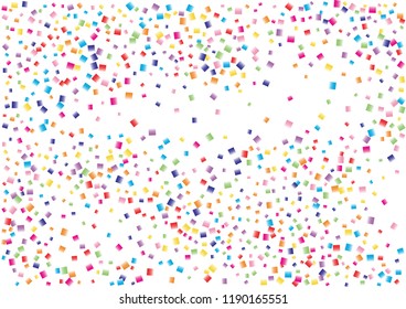 Festive color square confetti background. Abstract frame confetti texture for holiday, postcard, poster, website, carnival, birthday, children's parties. Cover confetti mock-up. Wedding card layout