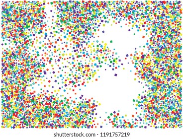 Festive color square confetti background. Abstract frame confetti texture for holiday, postcard, poster, website, carnival, birthday, children's parties. Cover confetti mock-up. Wedding card layout