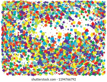 Festive color square confetti background. Abstract frame confetti texture for holiday, postcard, poster, website, carnival, birthday, children's parties. Cover confetti mock-up. Wedding card layout