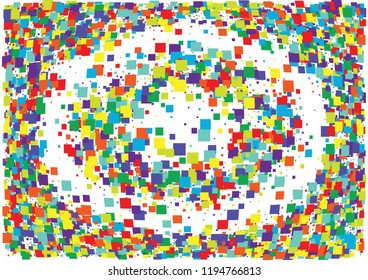 Festive color square confetti background. Abstract frame confetti texture for holiday, postcard, poster, website, carnival, birthday, children's parties. Cover confetti mock-up. Wedding card layout