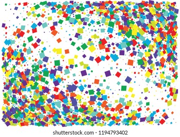 Festive color square confetti background. Abstract frame confetti texture for holiday, postcard, poster, website, carnival, birthday, children's parties. Cover confetti mock-up. Wedding card layout