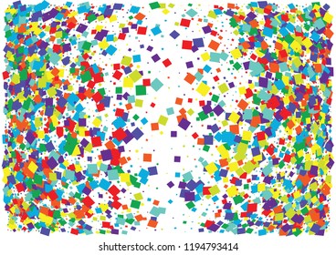Festive color square confetti background. Abstract frame confetti texture for holiday, postcard, poster, website, carnival, birthday, children's parties. Cover confetti mock-up. Wedding card layout