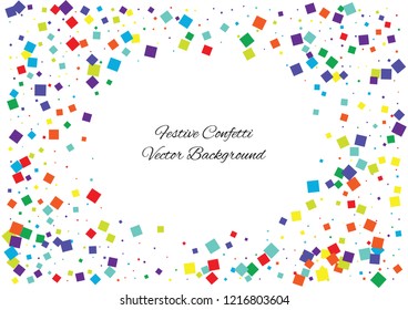 Festive color square confetti background. Abstract frame confetti texture for holiday, postcard, poster, website, carnival, birthday, children's parties. Cover confetti mock-up. Wedding card layout