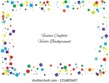 Festive color square confetti background. Abstract frame confetti texture for holiday, postcard, poster, website, carnival, birthday, children's parties. Cover confetti mock-up. Wedding card layout