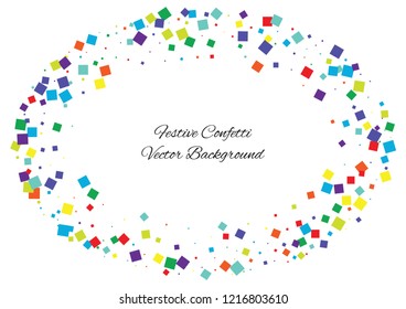 Festive color square confetti background. Abstract frame confetti texture for holiday, postcard, poster, website, carnival, birthday, children's parties. Cover confetti mock-up. Wedding card layout