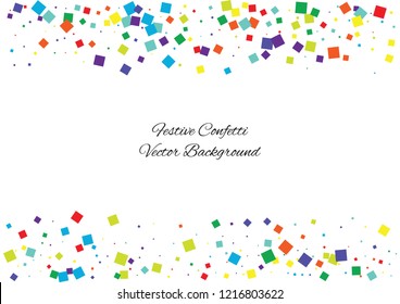 Festive color square confetti background. Abstract frame confetti texture for holiday, postcard, poster, website, carnival, birthday, children's parties. Cover confetti mock-up. Wedding card layout