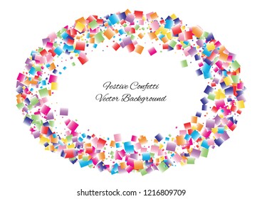 Festive color square confetti background. Abstract frame confetti texture for holiday, postcard, poster, website, carnival, birthday, children's parties. Cover confetti mock-up. Wedding card layout