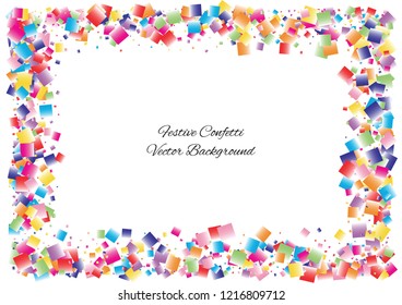 Festive color square confetti background. Abstract frame confetti texture for holiday, postcard, poster, website, carnival, birthday, children's parties. Cover confetti mock-up. Wedding card layout