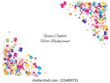 Festive color square confetti background. Abstract frame confetti texture for holiday, postcard, poster, website, carnival, birthday, children's parties. Cover confetti mock-up. Wedding card layout