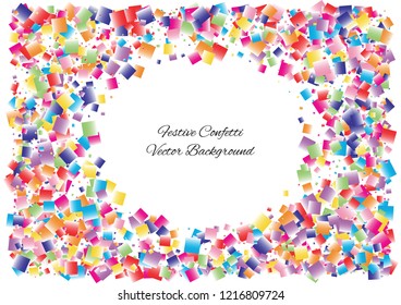 Festive color square confetti background. Abstract frame confetti texture for holiday, postcard, poster, website, carnival, birthday, children's parties. Cover confetti mock-up. Wedding card layout