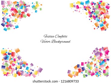 Festive color square confetti background. Abstract frame confetti texture for holiday, postcard, poster, website, carnival, birthday, children's parties. Cover confetti mock-up. Wedding card layout