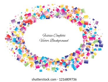 Festive color square confetti background. Abstract frame confetti texture for holiday, postcard, poster, website, carnival, birthday, children's parties. Cover confetti mock-up. Wedding card layout