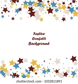 Festive color star confetti background. Abstract square confetti texture for holiday, postcard, poster, website, carnivals, birthday and children's parties. Cover confetti mock-up. Wedding star layout